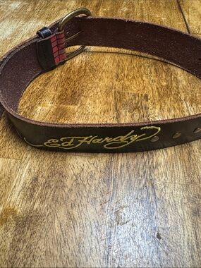 Ed Hardy Brown Leather Belt with Gold Script Logo